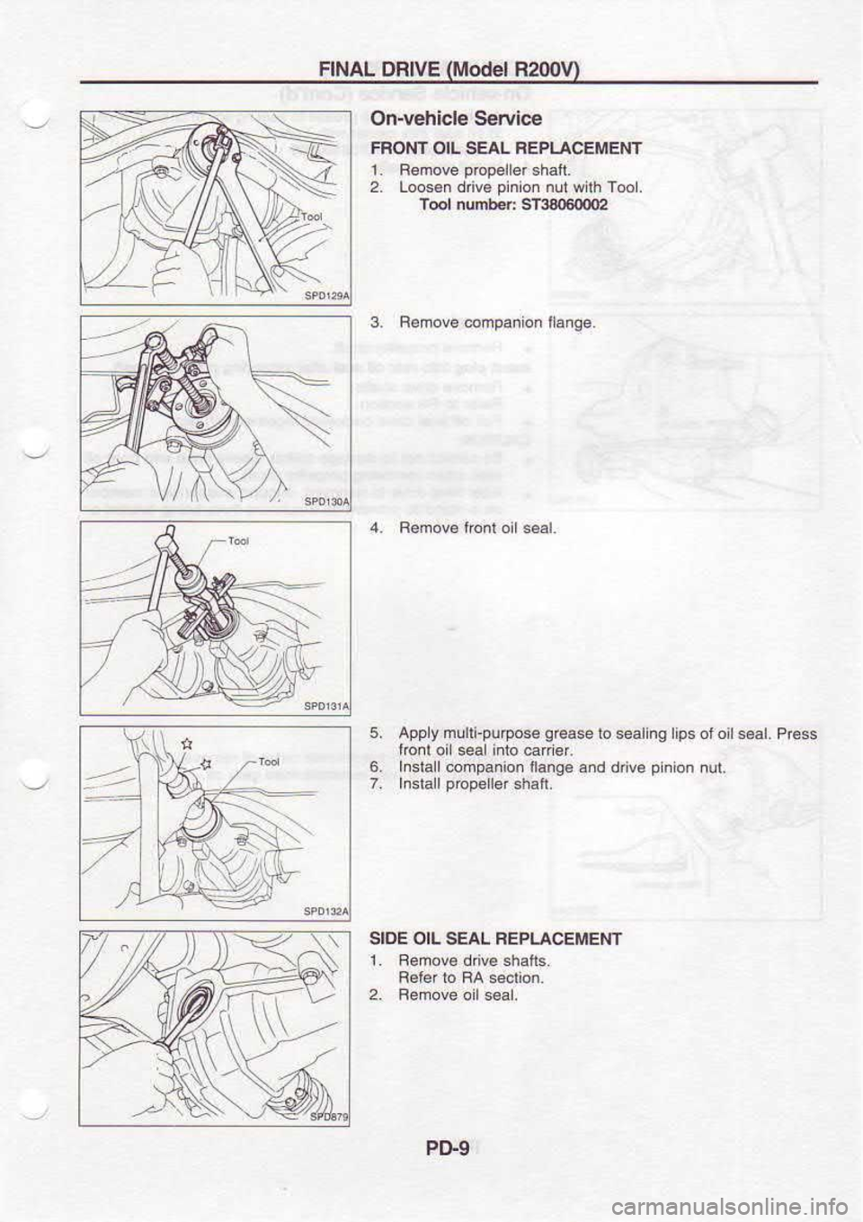 NISSAN SERENA 1993  Service Repair Manual FINAL 
DBIVE  (Model 
R2mV)
)]A9), On.vehicle 
S€wic€
FFONT  OIL SEAL  FEPLACEI,IEIIT
1.  Femove  propeller 
shalt.
2.  Loos€n  d v€  pinion 
nur wllh  T@1.
t@l  number:  S13306{xm
3.  Femov
