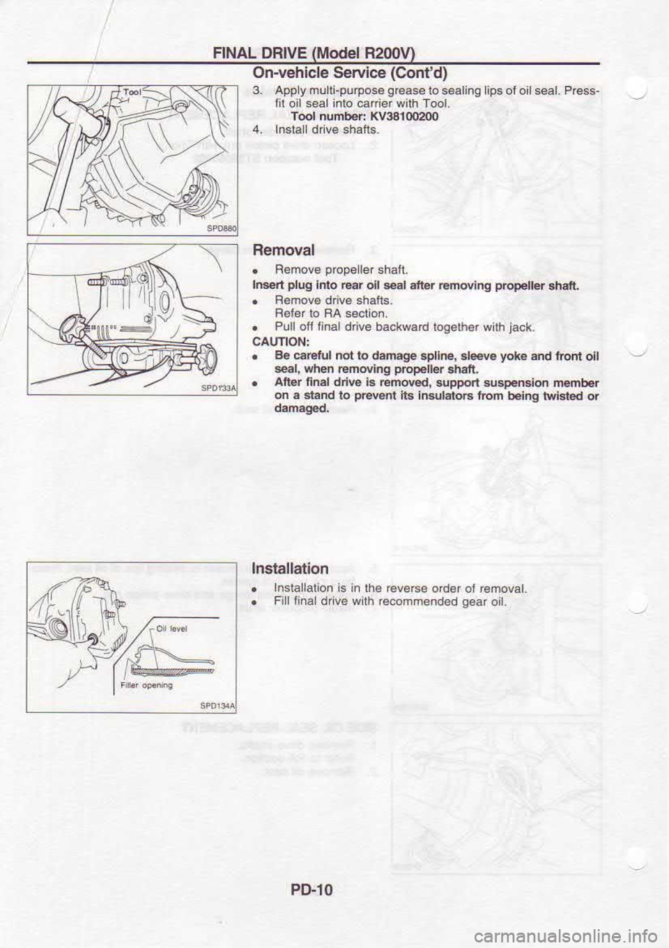 NISSAN SERENA 1993  Service Repair Manual FINAL 
DRIVE  (Model 
R200V)
=:-<  \
\v
\V On-vehicle 
S€rvlce (Conld)
3.  Apply  nlllj-putpose  q@ase 
io *aling  ips ol oil  seal.  Prsss-
lit  oi  sealinto  carier with T@t.
Tool  numlDr:  K tai
