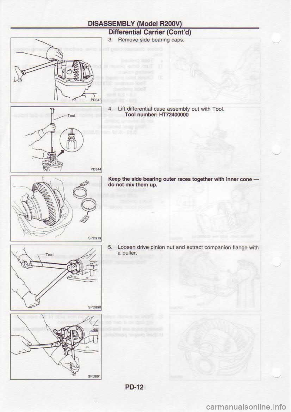 NISSAN SERENA 1993  Service Repair Manual DISASSEMBLY 
(Model 
R20o\4
Difierential  Canier (Contd)
3.  Femov€  sld6 bea ng caps.
4.  Lilt difle€nlialcase  ass€mbvoll wilh Tool
T@l  numb.r:  tlT7240OOO0
r6p  th. €id€  begring  outer