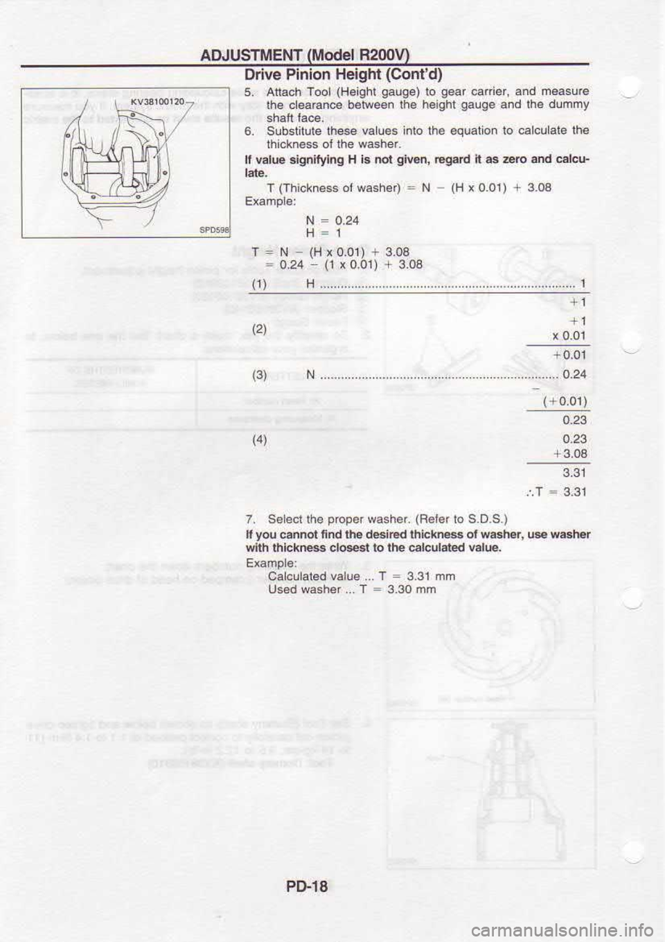 NISSAN SERENA 1993  Service Repair Manual ADJUSTMENT 
(Mod6I 
R2MV}
Drive  Pinion  Heigh (Cont 
d)
5  Altach 
Too (H€ighl 
gauge) 
to gear 
€iier,  and 
m€asuro
lhe  .ieaEn6  bolween 
the heighl  gauge 
and lhe 
dummy
6.  Subslilute  th