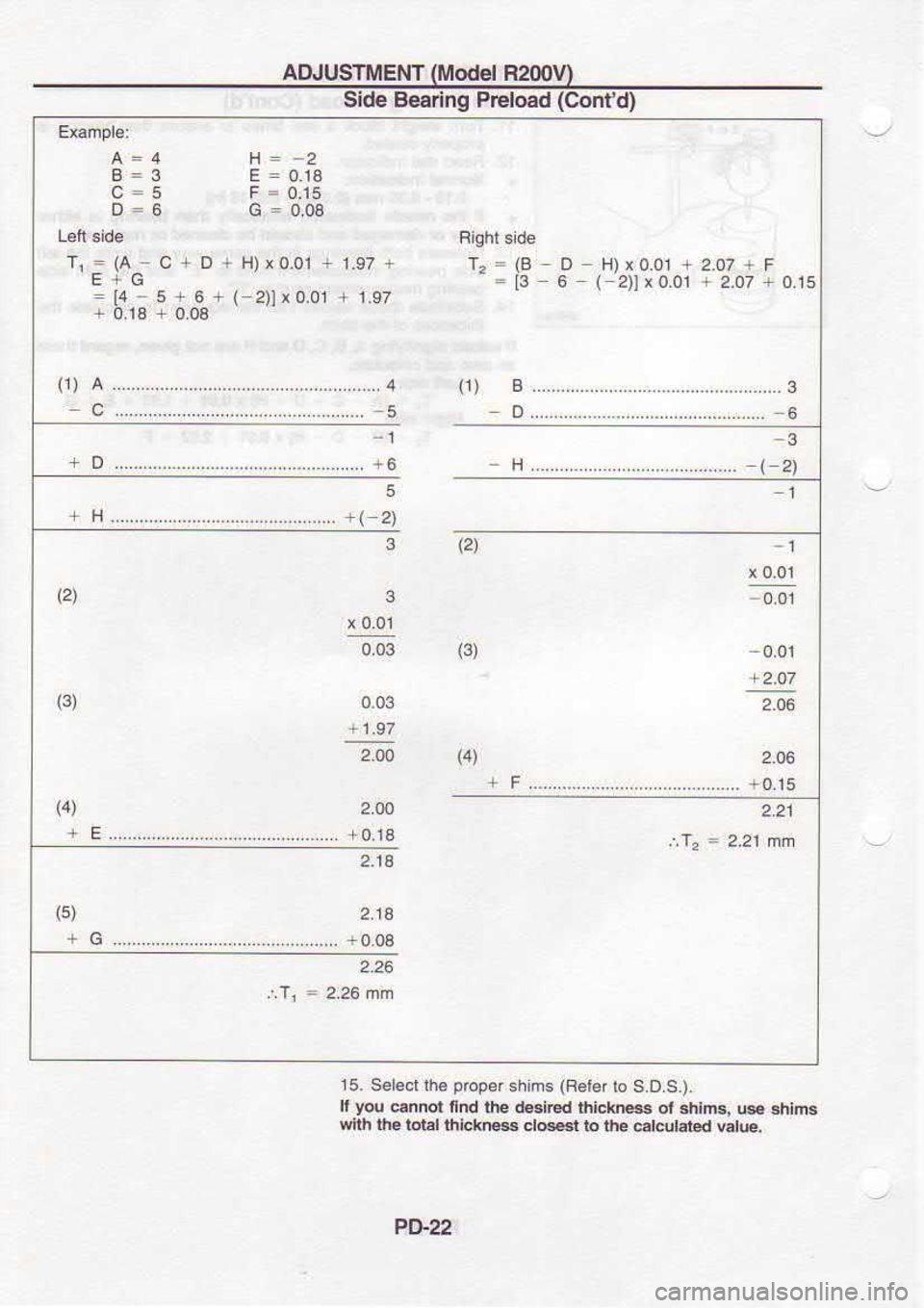 NISSAN SERENA 1993  Service Repair Manual ADJUSTIi,IENT 
(Model 
R200V)
Side  B€aring  Preload (Conld)
O-6 G= 
018
:0.15
-  0.08
T,E=1A-C+D =[4  5+6+ 
( 
2)lr  0.01 + 
L97 12=(B 
D H)r0.01  +2.07+ 
F
=  t3  6 ( 
2)lx  0.01  + 2.07  + 
0.15