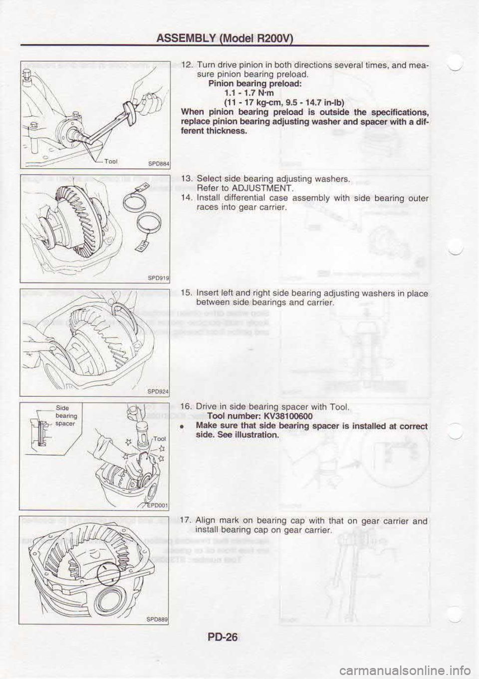 NISSAN SERENA 1993  Service Repair Manual ASSEMBLY 
(Model 
R200V)
12.  Tum 
dfte  pinion 
ln botr1  dirocrio.s  s€v.El 
tmesi and mea-
sure  Pi.ion  beadng 
p6load.
Pinlon  b66ring  pblod:
(11  - 
l7  ksrcm,  9.5- 1a.7 lfrrb)
When  plnlon 