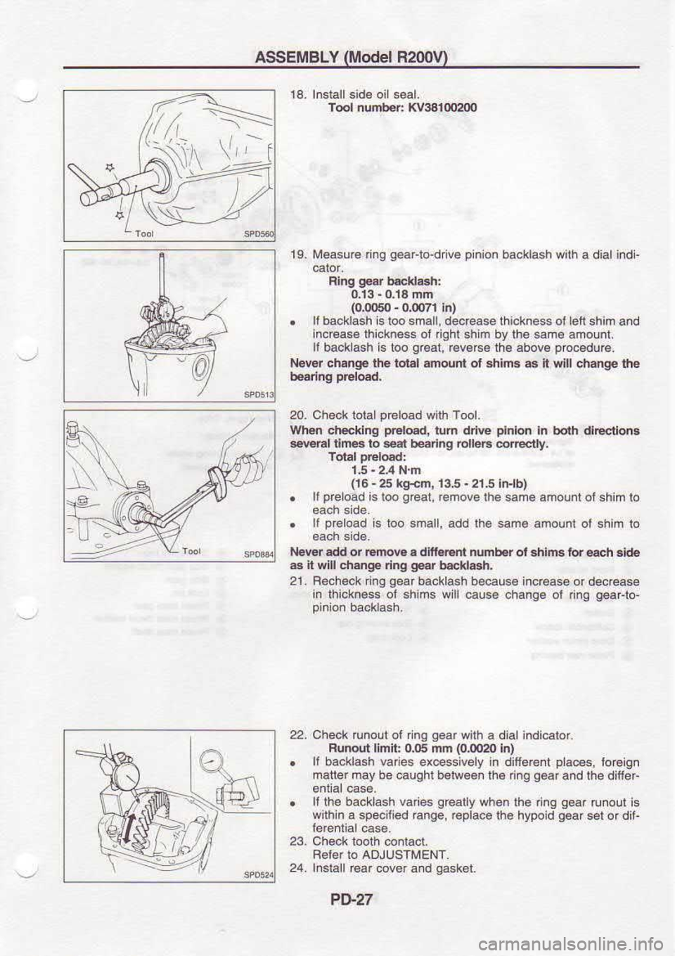 NISSAN SERENA 1993 Service Repair Manual ASSEMBLY
(Model
R2m\4
T@l number: Kw4100200
1S. tr€asu€ n9 ge.rlo.dfve
pinion
ba.klash with
a dialindl-
Ring gd
b€.ld$h:
0,i3- 0.14 mm
(0.@50 -
o.@7r h)
. ll
backlash is too NISSAN SERENA 1993 Service Repair Manual ASSEMBLY
(Model
R2m\4
T@l number: Kw4100200
1S. tr€asu€ n9 ge.rlo.dfve
pinion
ba.klash with
a dialindl-
Ring gd
b€.ld$h:
0,i3- 0.14 mm
(0.@50 -
o.@7r h)
. ll
backlash is too