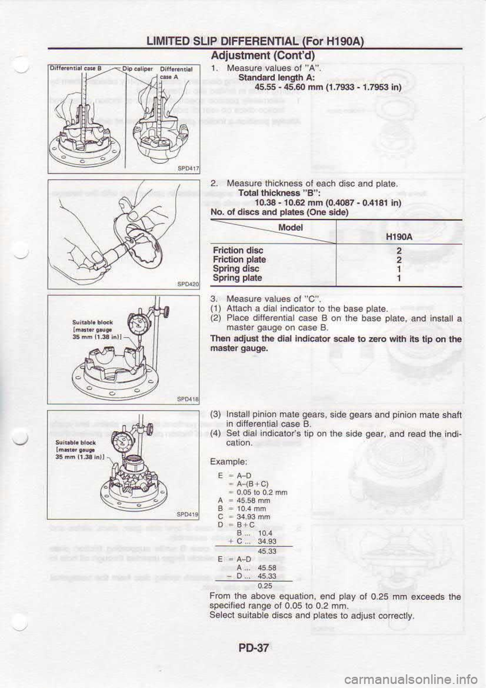 NISSAN SERENA 1993  Service Repair Manual LIMITED 
SLIP DIFFERENTIAL  (For 
H19OA)
Adiuslmenl  (Contd)
1  .  Measurc  va ues  ot A .
sbndard  l€ngih a:
t1555  - 
|5,60 
nn 
{1.79i|3  - 
1.7953  in)
2  Measure 
thickness  ol each  dis and 