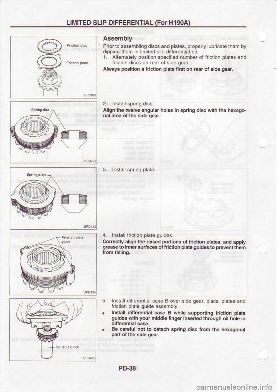 NISSAN SERENA 1993  Service Repair Manual LIMITED 
SLIP DIFFERENTIAL  (FoT 
Hl 9OA)
rA!.""-." \4/ A$€mbly
Priorto  assemb  ifg dis6  and plai6s, 
pfop6 ylub 
c.l€ th.m  by
dppi.g  lh6m in limlled  slip difierenlialoil.
1  Altenalely  posi