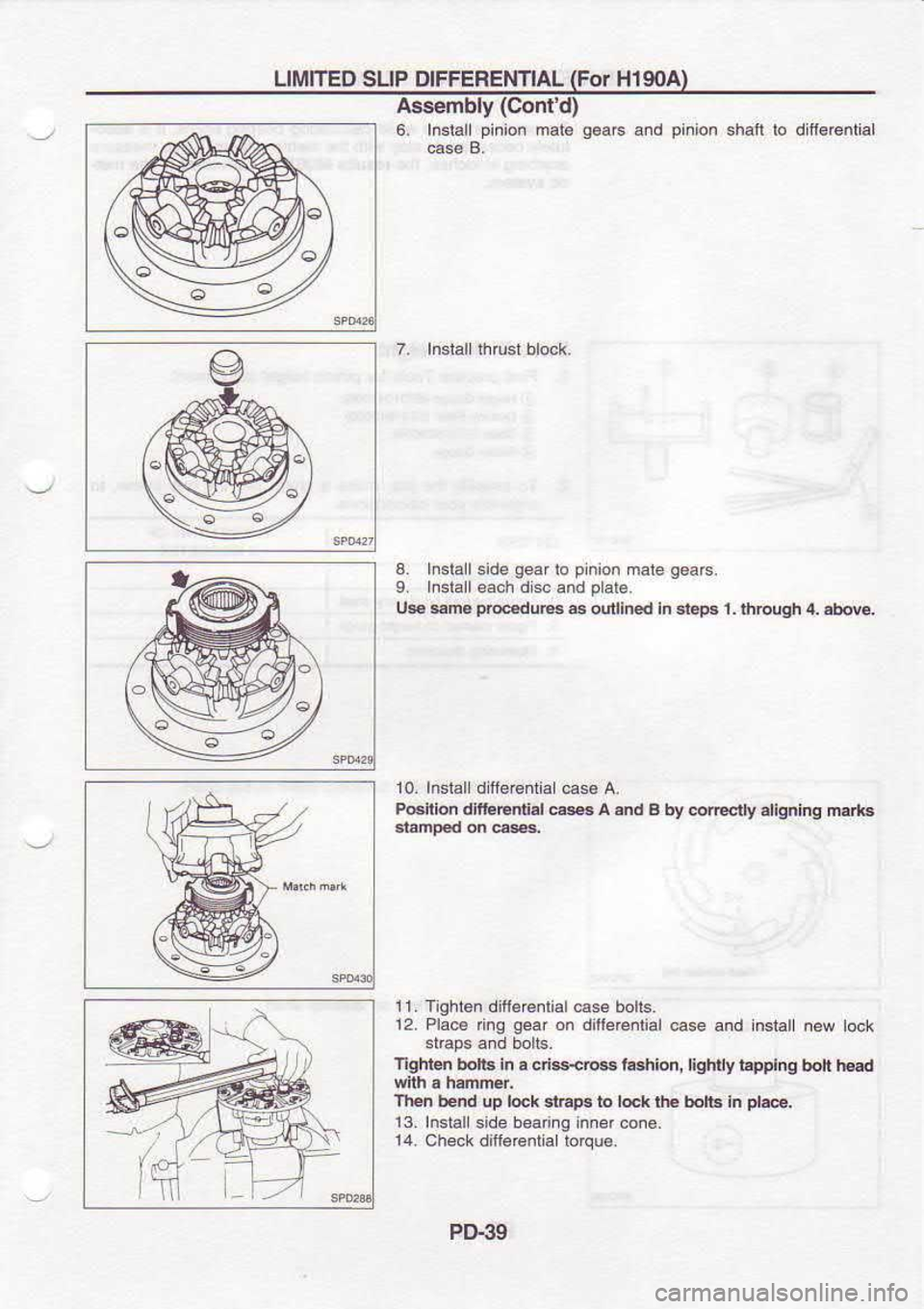 NISSAN SERENA 1993  Service Repair Manual LIMITED 
SLIP DIFFERENTIAL  (FoT 
H19OA}
Assembly  (ContO
6.  Inslall  pinion 
mal6 gea6 
a.d pinion 
shan b dift€.onlral
a.  Inslalside  gearto 
pinion 
ma€ gearc.
9.  Inslalreach 
disc and pale