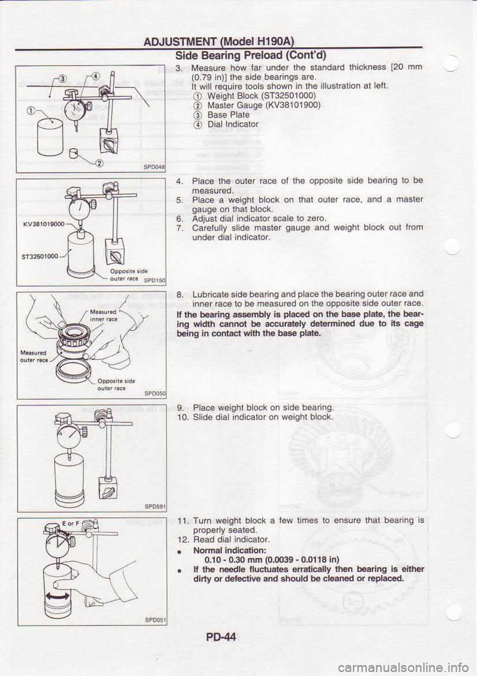 NISSAN SERENA 1993  Service Repair Manual ADJUSTMENT 
(Model 
H190A
l-  ,, Side 
Be€ring  Preload (Contd)
3.  Measure  how laf 
under  lhe slandad  lhckness 
[20 mm
(0.79  in)lfte  side b€annss 
are.
ll  wiLlGquire  tools shown 
n lhe  i