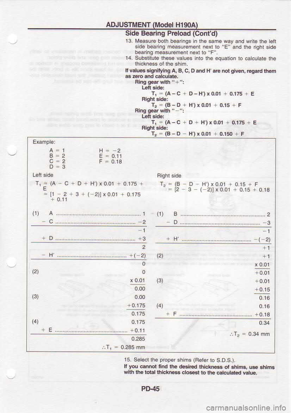 NISSAN SERENA 1993  Service Repair Manual ADJUSTMENT 
Model H19OA
Side  BeEring  Preload (Contd)
13.  lr€asu€  bolh b.a 
ngs in ihe  sade  way and Ml€  the lelt
sid6  b.annq  me4lrement 
nen b E 
a.d  th€ dght 
side
b6a  no m.asu
