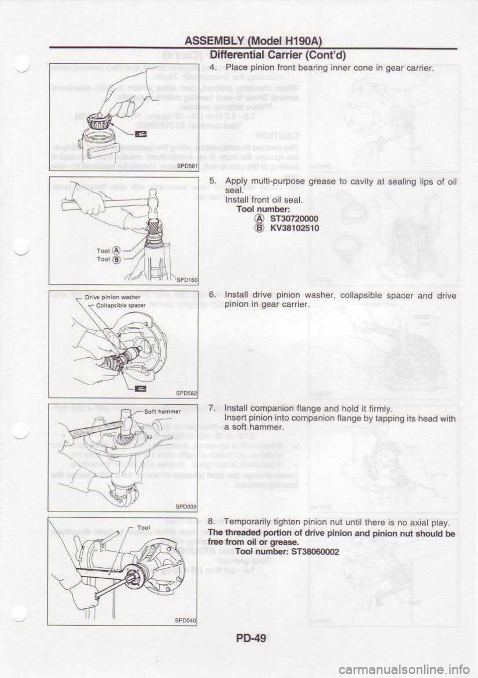 NISSAN SERENA 1993  Service Repair Manual ASSEMBLY 
(MOdEI 
H19OA)
Difierentlal  Carier (Contd)
4.  Pla.6  pinion 
ironl bea ng inner.one  ln gear€ri6r.
5  Apply 
njri.pu  006€ qese 
lo cavry  dl s€€ln9  hpr 
o, ol
@  sT3oT2oooo
(9  