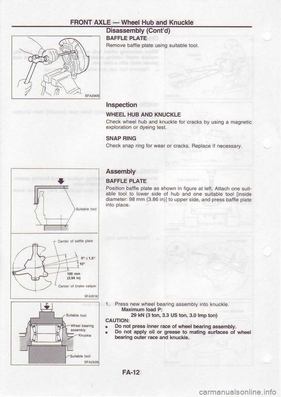 NISSAN SERENA 1993  Service Repair Manual FRONT 
TrxLE - 
Wheel  Hub and Knuckle
Disassembly  (Contd)
BAFFLE  PLATE
Femove  batlle plate 
usinq  suilable  tool.
Inspection
WHEEL  HUB AND 
KNUCKLE
Check  wheel hub and knucklo  lor cEcks  by u