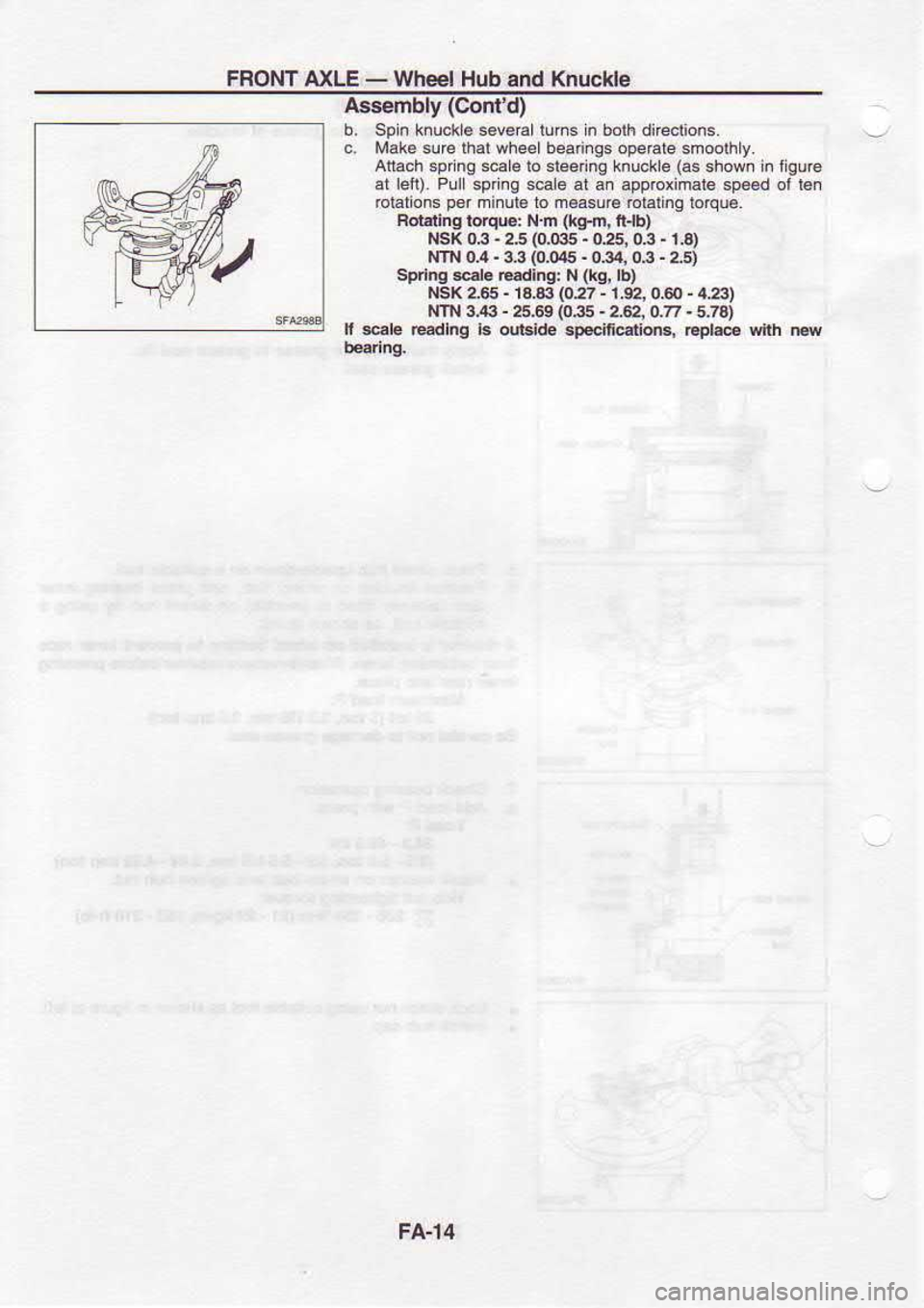 NISSAN SERENA 1993  Service Repair Manual FRONT 
AXLE - 
Wheel  Hub and Knuckle
Assembly  (Con|d)
b.  Spin  knuckl..everallums 
in bolh  dircclions.
c.  Mak€ 
suF lhal wheelbeari.qs  ope€te smoothly.
Anach  spring scale lo $eennq  knucke