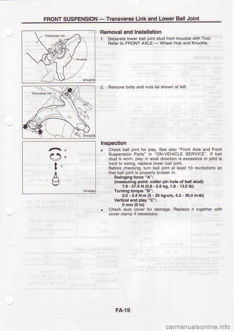 NISSAN SERENA 1993  Service Repair Manual FRONT 
SUSPENSION  - 
Tlansvefse  Link 
and Lower  B9ll Jolnt
Removal  and lnstallation
1.  seoaGte  lower ball ioinl  slud 
lom  knlckle  wlih Tool
F6l€flo  FRONT AXLE -Wh€€lHub 
ard Knuckle.
2