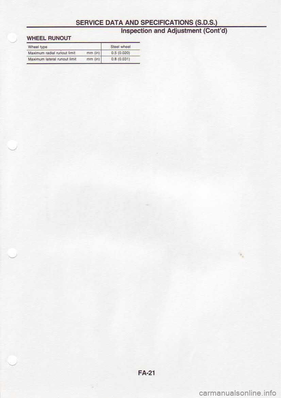 NISSAN SERENA 1993  Service Repair Manual SERVICE 
DATA AND SPECIHCANONS  (s.D.S.)
WHEEL  FUNOUT Insp€clion 
and Adjuslment  (Contd)
FA-2I 