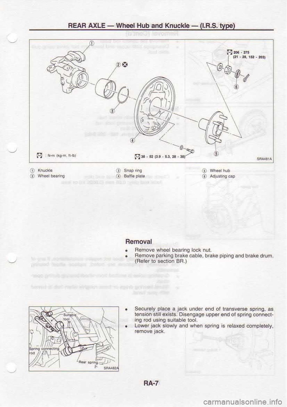 NISSAN SERENA 1993  Service Repair Manual REAB 
AXLE - 
Wheel  Hub and Knuclde  - 
(l.R.S.  type)
cq-@ 6
Y
@
@
o
@
o
Removal
.  Removewhee  boaing lock nul.
.  Bemovepa*in!  brak6.ab €, brake
(Feter  lo secl  of BR.)
secuiely  place 
a j