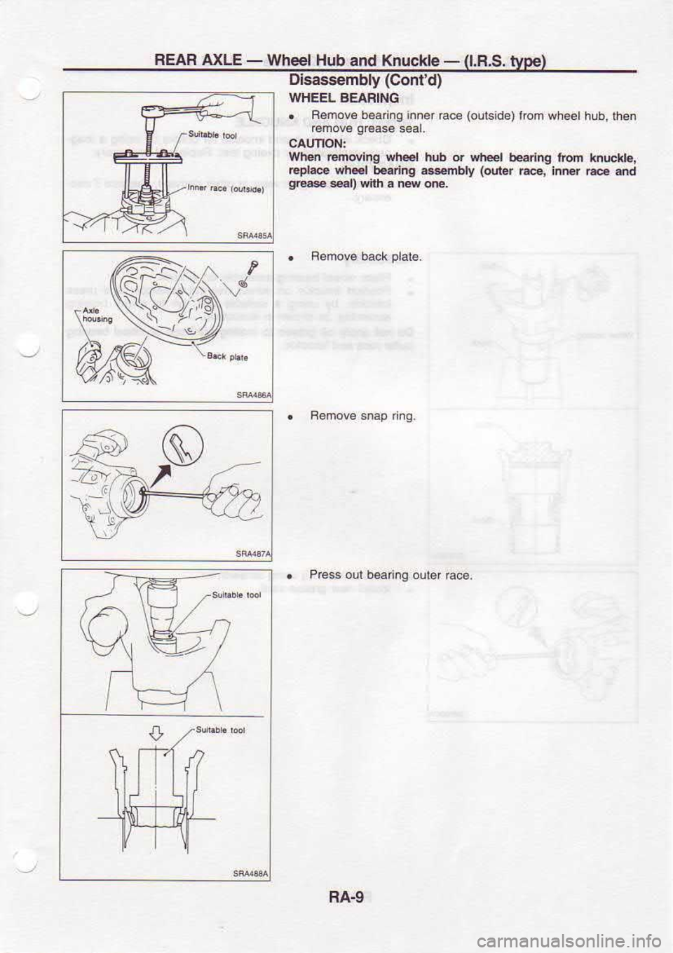 NISSAN SERENA 1993  Service Repair Manual REAR 
AXLE - 
Wheel  Hub and Knuckle  - 
{l.R.S.
Disa66ehbly  (Contd)
WTIEEL  BEARING
.  R6mov6baaing 
inner 
raoe 
{oulslde)lrom  wh€€lh!b, 
then
When  movlno  wlEl hub or shel 
b€nng  irom hu