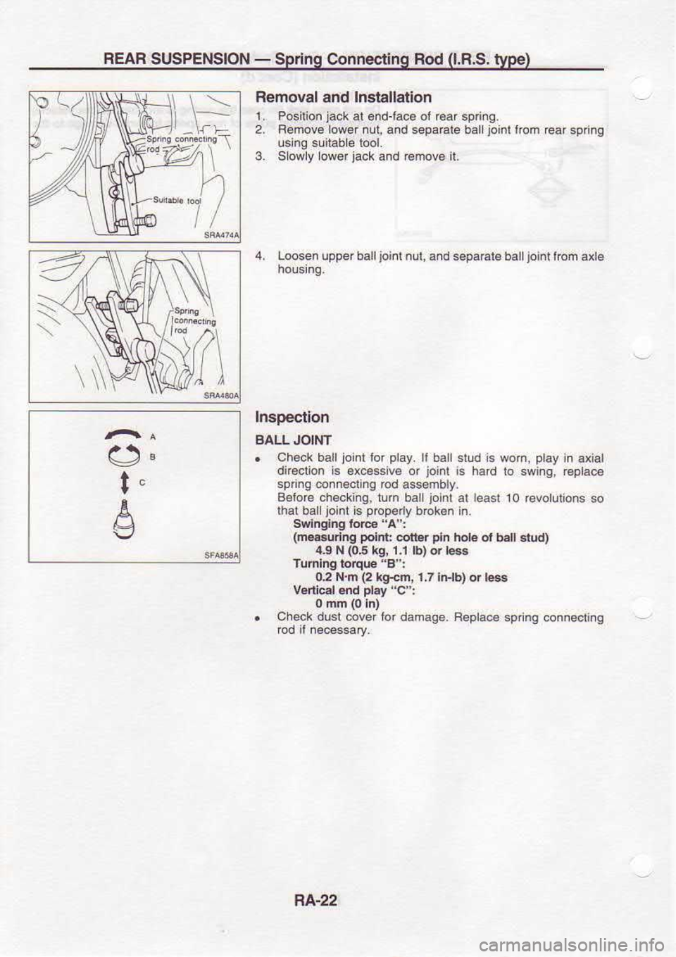 NISSAN SERENA 1993  Service Repair Manual REAR 
ST SPENSION  - 
Spdng  Connoc{ing  Rod (l.RS. 
lype}
) ll 
\---
></^\ Removal 
and Inslallation
I  Pos lion 
lack  al 
endjace  ol r€.f  sp nq.
2.  Remove  lower 
nul, and  sepa6le  ball joi