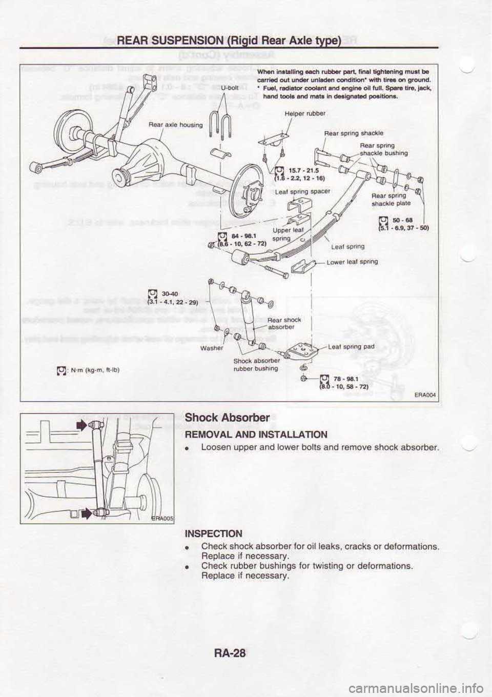 NISSAN SERENA 1993  Service Repair Manual REAR 
SUSPENSION  (Rigid 
Rear Axle type)
nn s . 
Frr,  dh  dn d 
@h  d, 
totr  sFn  d4 
Fd{
g Shock Absorber
FEiIOVAL  ANO INSIALLAION
.  Loo*n  upperand  low€r bolls and rcmove  shock 
absober.
IN