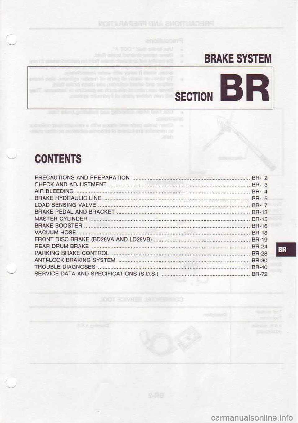 NISSAN SERENA 1993  Service Repair Manual BMKE 
SYSTEM
SECTIONBR
CONTENTS
PFECAUTIONS  AND PREPARATION
AIB  BLEEDING
CHECK 
AND AOJUSTMENT
BFAKE  HVORAUL]C  LINE
SFAKE  PEOAL 
ANO BFACXET
LOAD 
SENSING  VALVE
VACUUM  POSE
FFONT  DtSC BFAKE  (