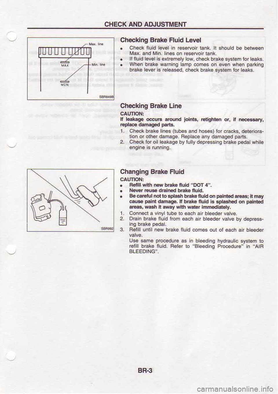 NISSAN SERENA 1993 Service Repair Manual CHECK
AND AD.IUSTMEI.IT
Checking B6ke Fluid
lrvel
. Ch€ck
iluid l€v€l in
€seruoir tank. tt sholtd be belw€6n
Md. and Min.lines on resetoon lank.
. ll
tluld level is enremely NISSAN SERENA 1993 Service Repair Manual CHECK
AND AD.IUSTMEI.IT
Checking B6ke Fluid
lrvel
. Ch€ck
iluid l€v€l in
€seruoir tank. tt sholtd be belw€6n
Md. and Min.lines on resetoon lank.
. ll
tluld level is enremely