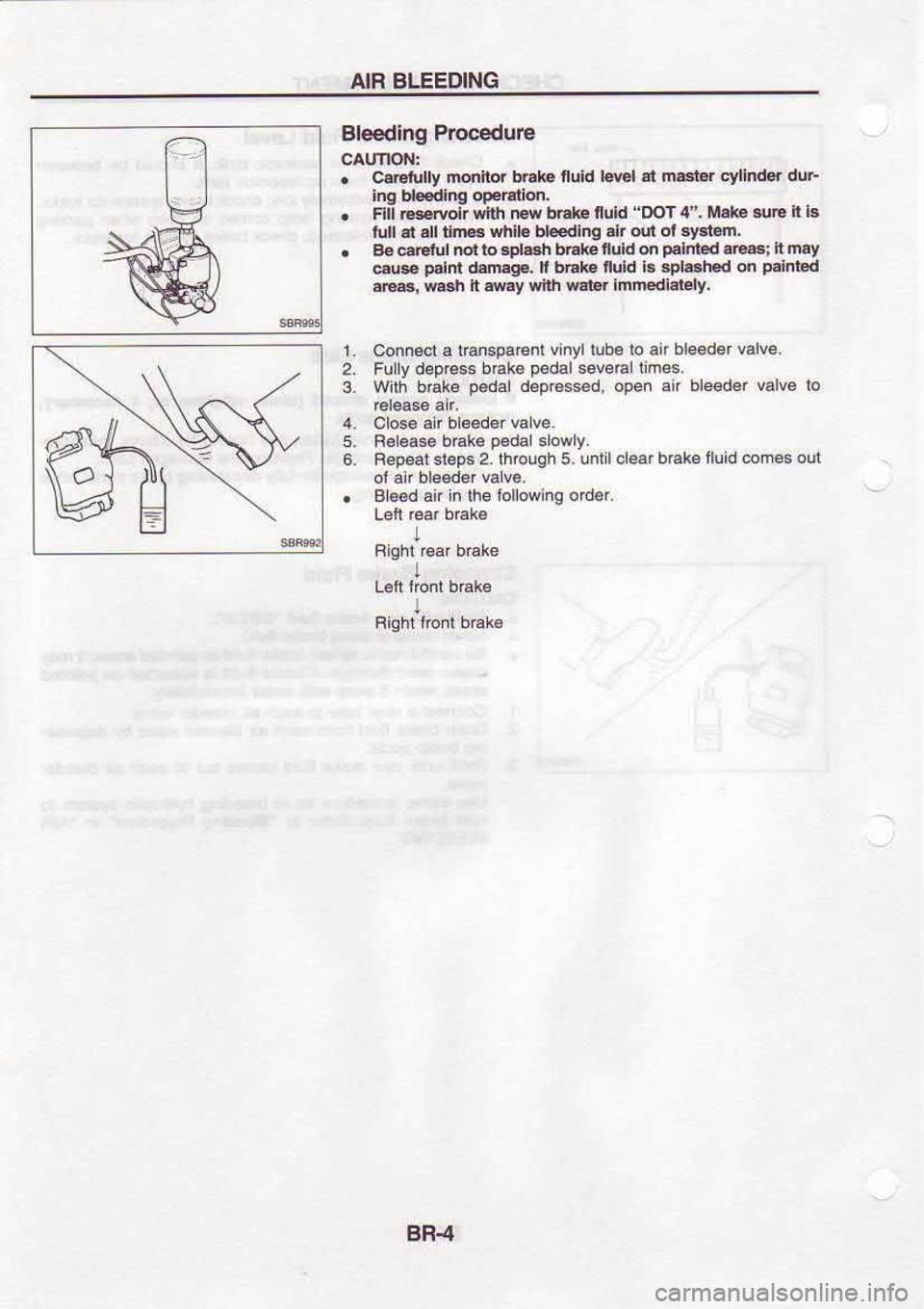 NISSAN SERENA 1993  Service Repair Manual AIR 
BLEEDING
\\oI  )[(
wH Bleeding 
Procedura
.  c€Fiully 
rcnnor b.ak 
f uld  l4l  rt na€r.r 
cylinir.r  dur
ing  Hedho  op.rallo.
.  Flll |*mk  wlli M bEke  fuld "DOT 
4-, M.t  $E n 
i.
tull  r
