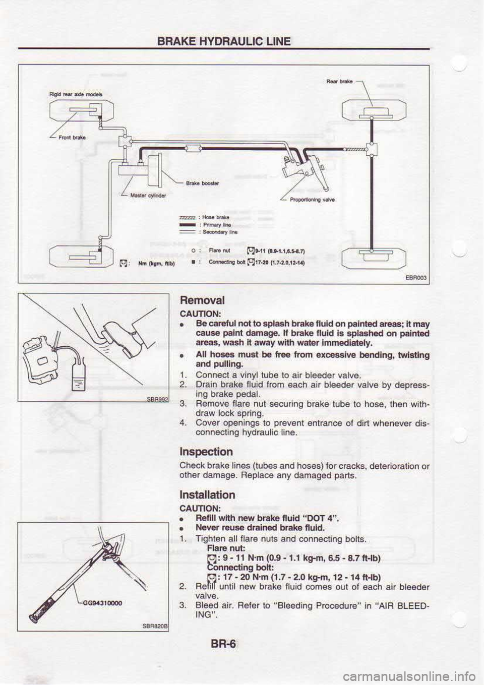 NISSAN SERENA 1993  Service Repair Manual ARAKE 
HYDRAULIC 
LINE
N Removal
.  B€ 
ergtul  not to 3plr.h 
bhke illd on p6ihl6d 
E|lB; it nay
eus  p.int 
d.m.ge.  ll b6ke  nuld i..pb8h€d  on p.lnied
.|@,  msn n My  wt[| w€t6r  imm€di.r