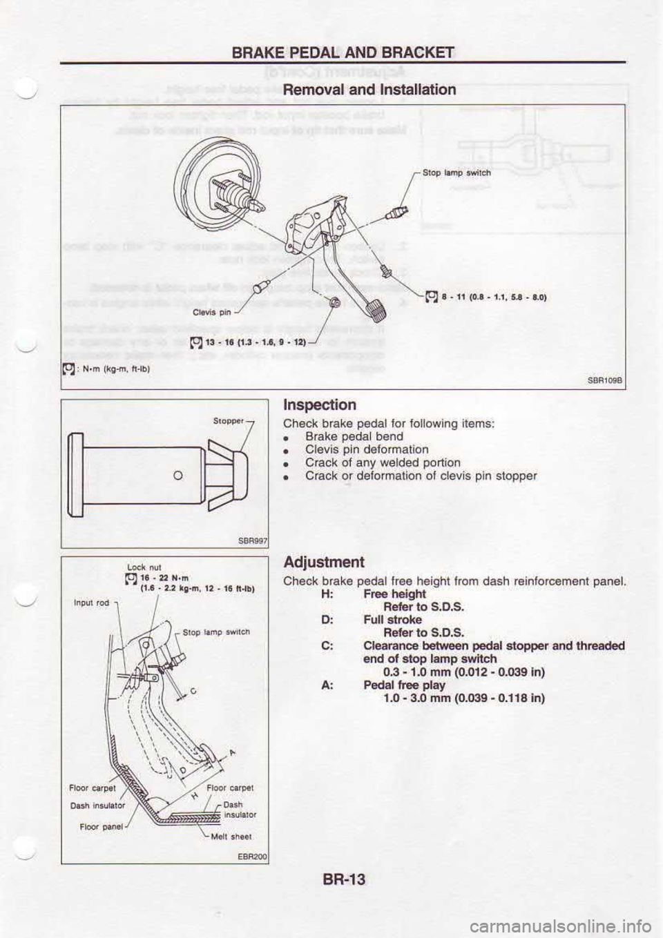 NISSAN SERENA 1993  Service Repair Manual BRAKE 
PEDAL AND BRACKET
Removal  and Insialldion
Inspectlon
Chsck  b€ks p€dallor 
lolowing iloms:
.  Cl€vis  pin 
d€lomaton
.  C€ck  ol any  welded  ponion
.  Cack  or dotomalion  ol clBvis