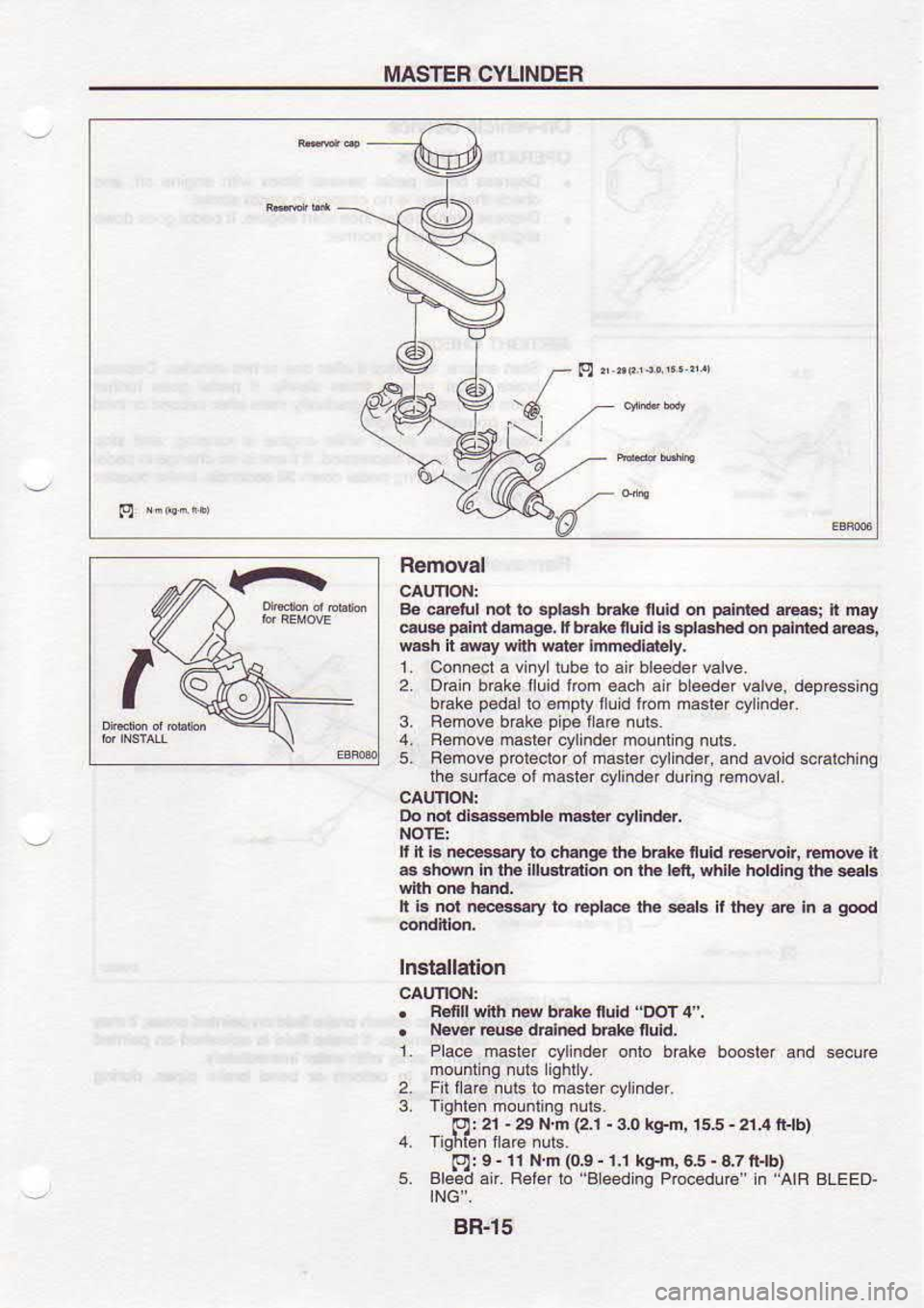 NISSAN SERENA 1993 Service Repair Manual MASTER
CYLINDER
w
-{
Removal
BG e€tu| mt to
+1..h bE*€
tluid on p.inl€d
.8.; i mry
e@ p5tn
d6fiag€, F br*. nuH i. atl*h€d d
!.lnled a@3r
m8h h my snh wat
r lmmedlately.
L NISSAN SERENA 1993 Service Repair Manual MASTER
CYLINDER
w
-{
Removal
BG e€tu| mt to
+1..h bE*€
tluid on p.inl€d
.8.; i mry
e@ p5tn
d6fiag€, F br*. nuH i. atl*h€d d
!.lnled a@3r
m8h h my snh wat
r lmmedlately.
L