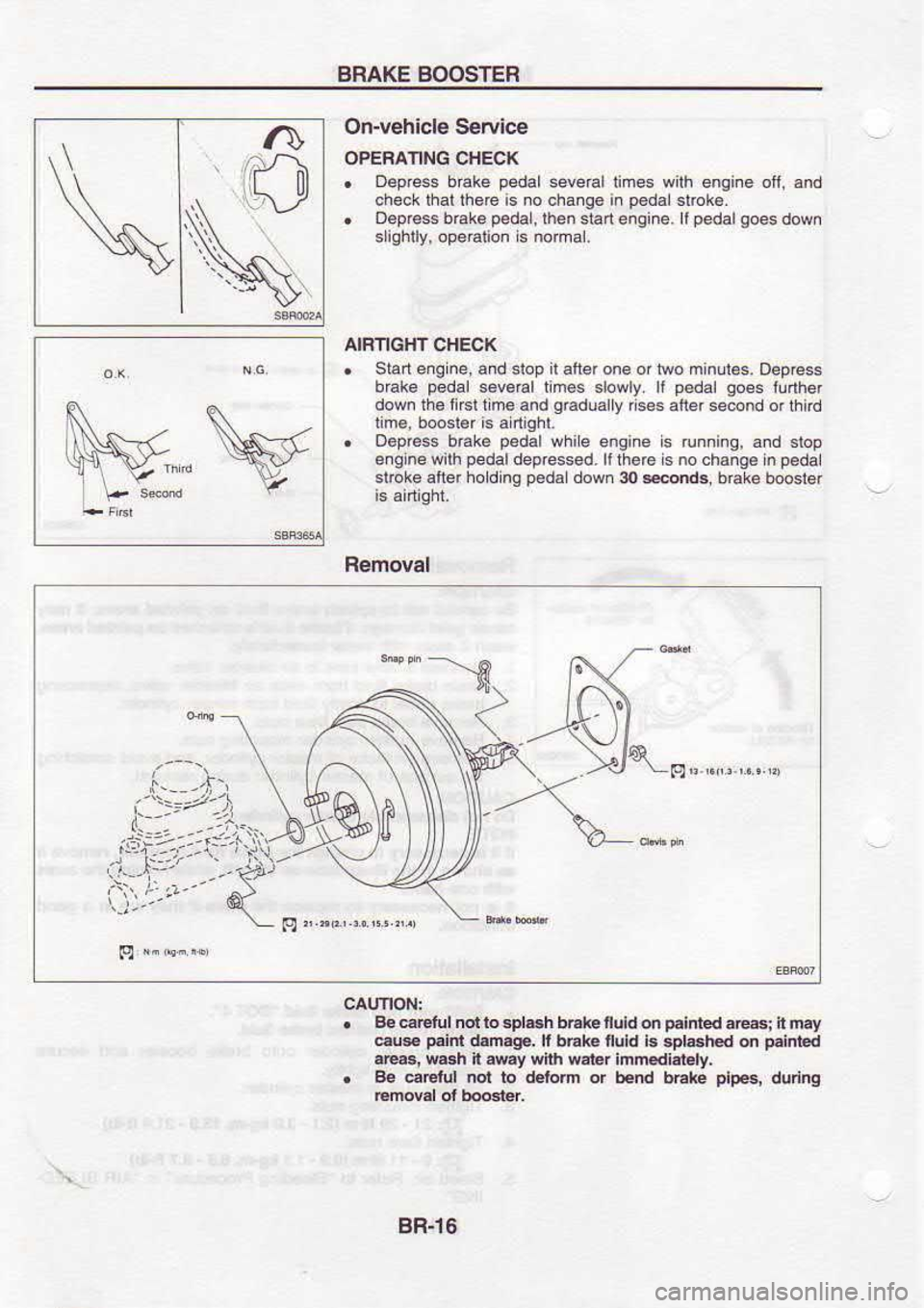 NISSAN SERENA 1993  Service Repair Manual BRAKE 
BOOSTEB
r*w On-vehicle 
Service
OPEFATING  CHECK
.  oep@s  brake pedal 
seveal  times wilh engine  ofi, and
check  that th€G  is no  change  in p6dalslrck€.
.  o6p€.6 
b6k. p.da|lhen 
sl,
