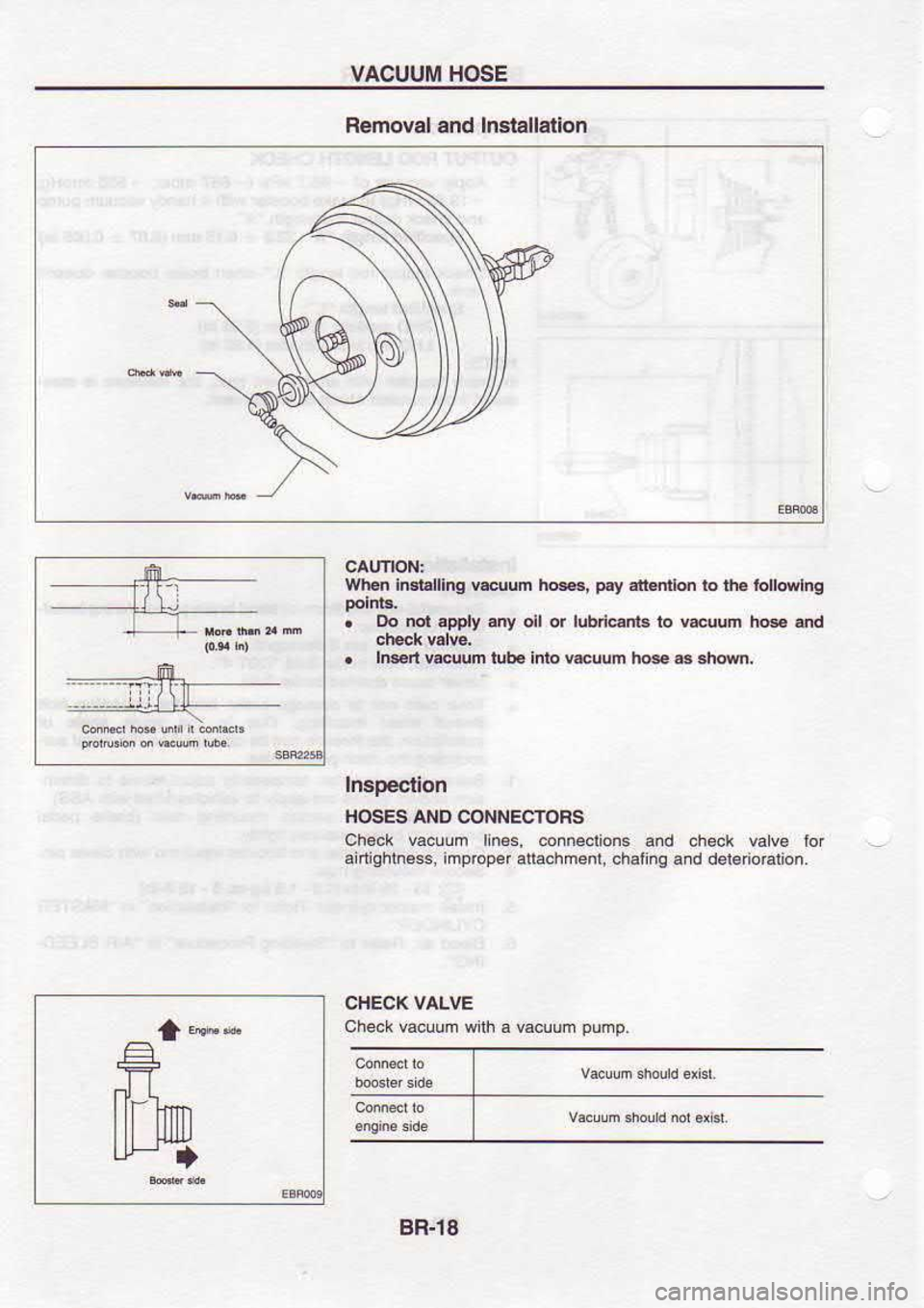NISSAN SERENA 1993  Service Repair Manual VACUUM 
HOSE
Bemoval  and lnslallation
t.** wlM 
in.t llhg v*uum  hE., p.y 
.lLnllon  to th.  iollwl.g
.  Do 
nor  apdy  rry oll or lubi@nb  to v&uum  rB &d
.  lEn 
v€dun  tub. into veuum 
ho* 6 3ho