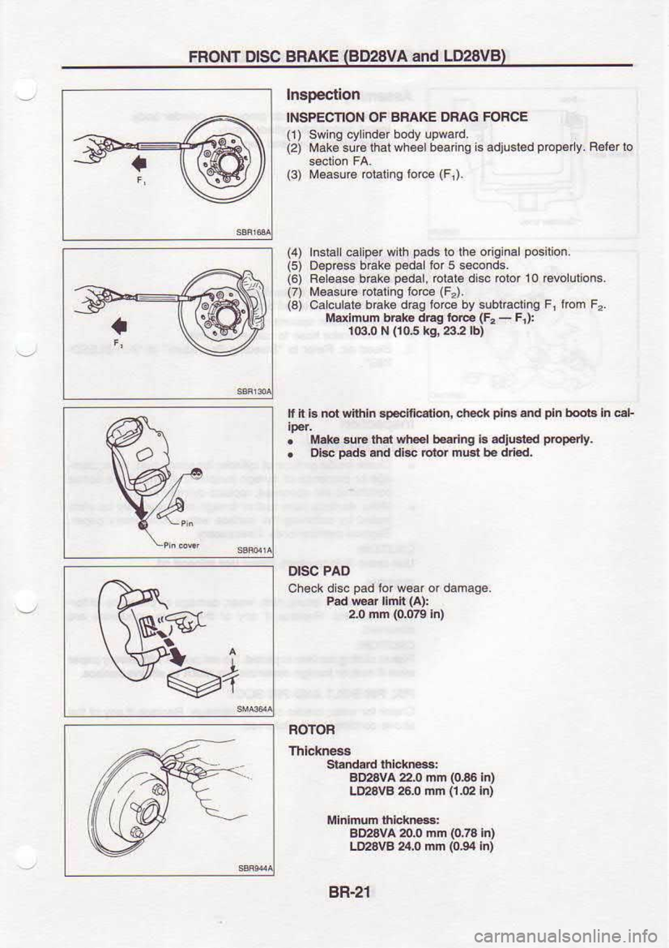 NISSAN SERENA 1993  Service Repair Manual FROI{T 
DISC BRAKE BY28VA 
and LD28VB
ffi
iffi*
t Inspection
INSPECNON  OF BFAKE 
DRAG FOBCE
(l)  swins  cylinder  body lpwad
(2)  Mak6  s!rc 
lhatwheelbeaing  is adiusled  pbpery. 
Relerto
(3)  M.asu