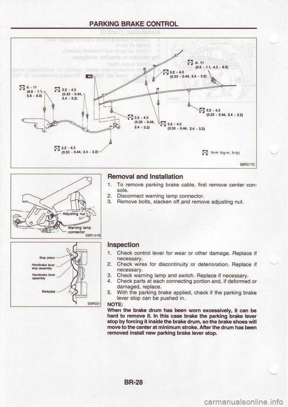 NISSAN SERENA 1993  Service Repair Manual PARKING 
BRAKE CONTROL
Removal  and lnstallation
1.  To remove  pad{i.g 
bake eble,  ftst romove  cenld con-
Disconnect  wariing amp enn€crof.
R6mov€  boll6, slacken 
ofi and  remove 
adjusbng  nu