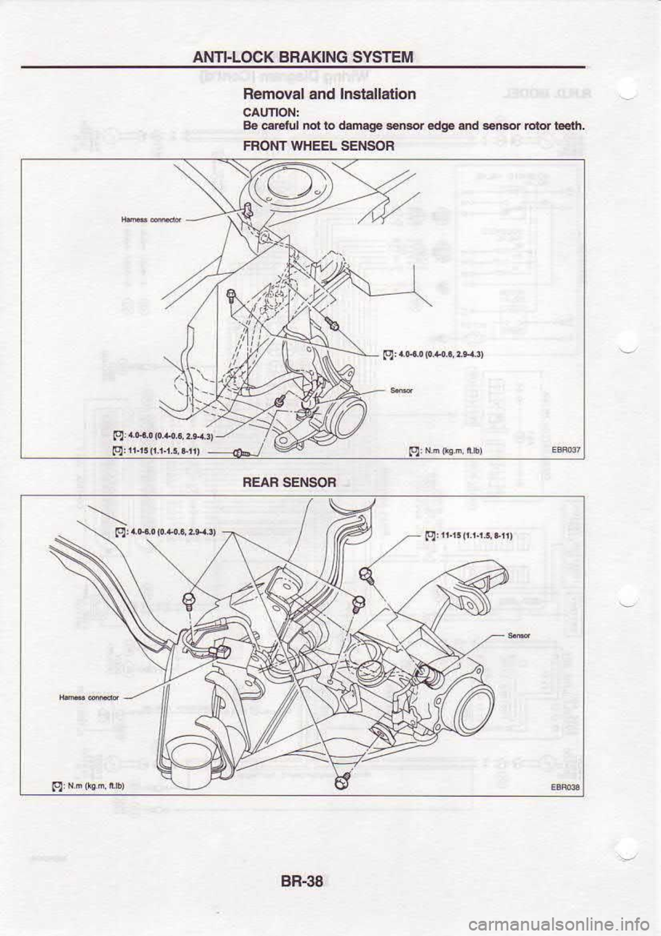 NISSAN SERENA 1993  Service Repair Manual AI.II]-LOCK 
BRAKING 
SYSTEM
Removal  and lnstallation
B.  @r.lul  rbt to d.mgE  sd €dg€ sd $|Er  Elor i.€lh.
FFONT  WHEEL  SENSOR
FEAF  SENSOF
88.38 