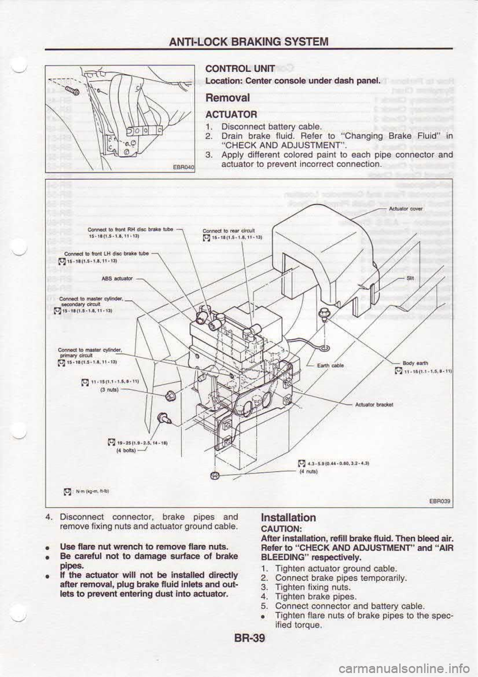 NISSAN SERENA 1993  Service Repair Manual ANI]-LOCK 
BRAKING SYSTEM
COMTFOL  UNIT
L@tlon:  C{rer @NoL  undd dash p5reL
Removal
ACTUATOB L  Dlscon.ecibaterycable.
2.  DEin  b€ke  lluid. Reler  to changi.g  arake Fluid" in
"CHECK  AND ADJUST