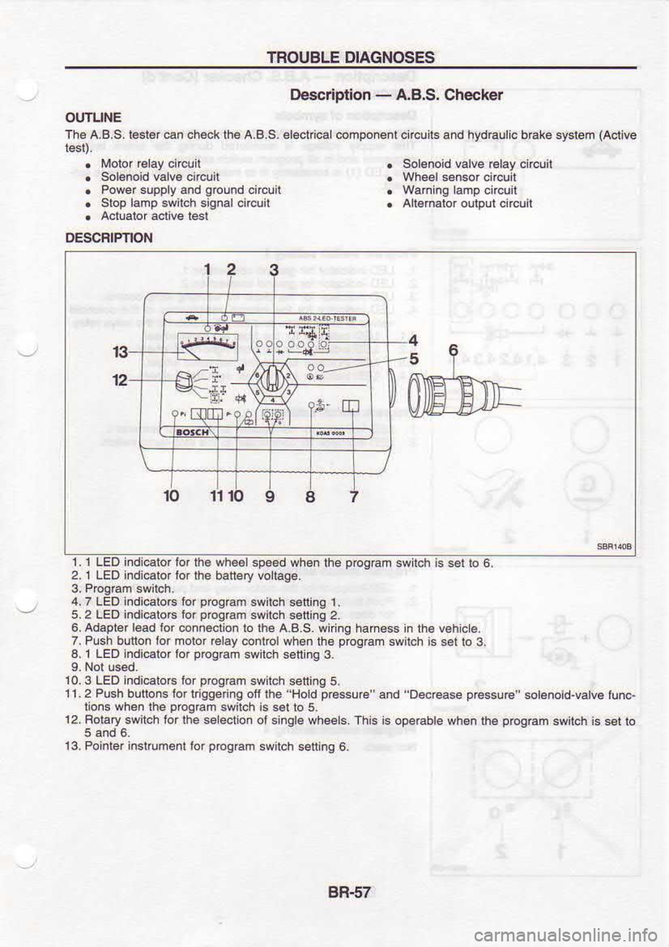 NISSAN SERENA 1993 Service Repair Manual TROUALE
DIAGNOSES
Description -
Ag.S. Checker
OUTUNE
The A.B.S, re.re. €n ch.ck rhe A,B.S. .l€cr cal compon€nt .ircuirs and hydhullc bEke systen (Active
. Molor
rclay circuir
. Sol NISSAN SERENA 1993 Service Repair Manual TROUALE
DIAGNOSES
Description -
Ag.S. Checker
OUTUNE
The A.B.S, re.re. €n ch.ck rhe A,B.S. .l€cr cal compon€nt .ircuirs and hydhullc bEke systen (Active
. Molor
rclay circuir
. Sol