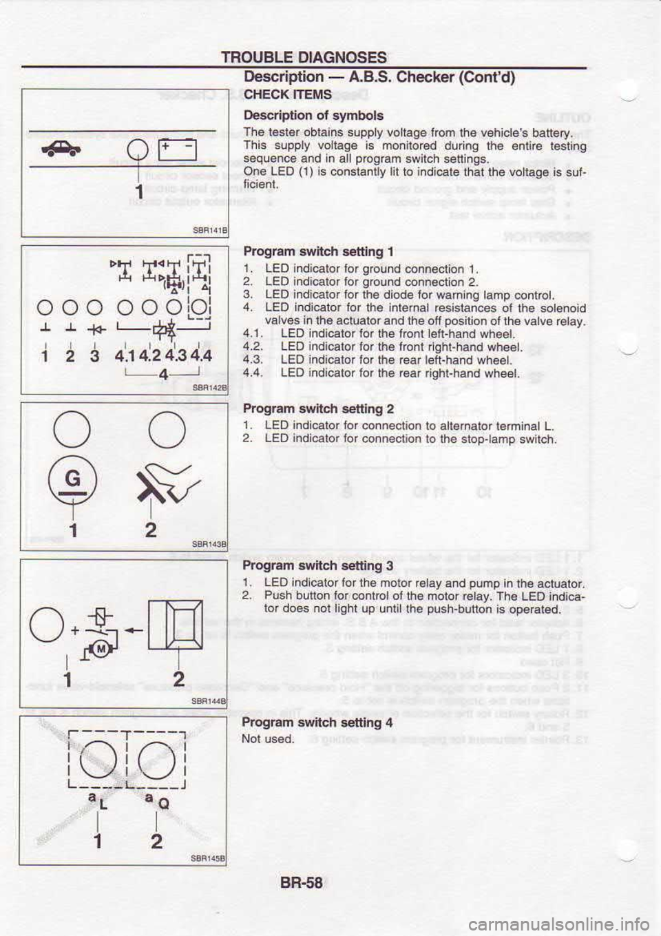 NISSAN SERENA 1993 Service Repair Manual TROUBLE
OIAGNOSES
oo A
*r*,i{
o o o oioi
r+ Ldl-_r---
3 4.14.2434.4
t 4 --J
12
1 +
| tFIl
j(gr T-
2
r---T_---r
to_tQ_i aL
I
1 ao
2 Description
-
A.B.S, Checker (Comd)
CHECK ITEMS
Descdpl NISSAN SERENA 1993 Service Repair Manual TROUBLE
OIAGNOSES
oo A
*r*,i{
o o o oioi
r+ Ldl-_r---
3 4.14.2434.4
t 4 --J
12
1 +
| tFIl
j(gr T-
2
r---T_---r
to_tQ_i aL
I
1 ao
2 Description
-
A.B.S, Checker (Comd)
CHECK ITEMS
Descdpl