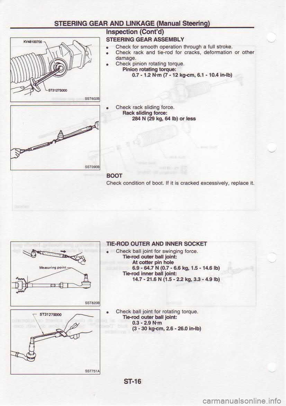 NISSAN SERENA 1993  Service Repair Manual STEEFING 
GEAR AND 
UNr\AGE  (Manual 
Si€€dng)
Ch€ck  6ck s iding  lorce.
2ar  N 
es  kg, 
el |b)  or le6
BOOT
ChBck  condilion  ol bool.  ll il is  c€ck€d  €x€ssiv€ly,  €plsc6 n.
ln