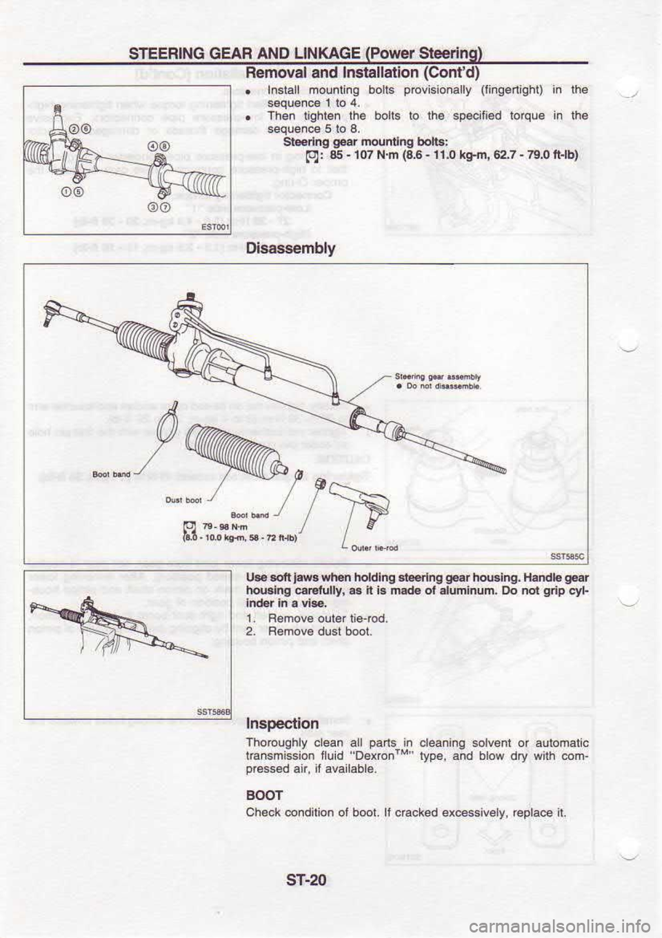 NISSAN SERENA 1993  Service Repair Manual SIEERING 
GEAF AND LINTGGE  (Pow€T 
Sig€Ting)
Remot/al  and lmtallalion  (Contd)
.  Inelall 
mounling  bolE povisio.ally 
(linge.ligft) 
in lhe
.  Then  lighl€n  lha 
bohs  to lhe  speiii€d  r