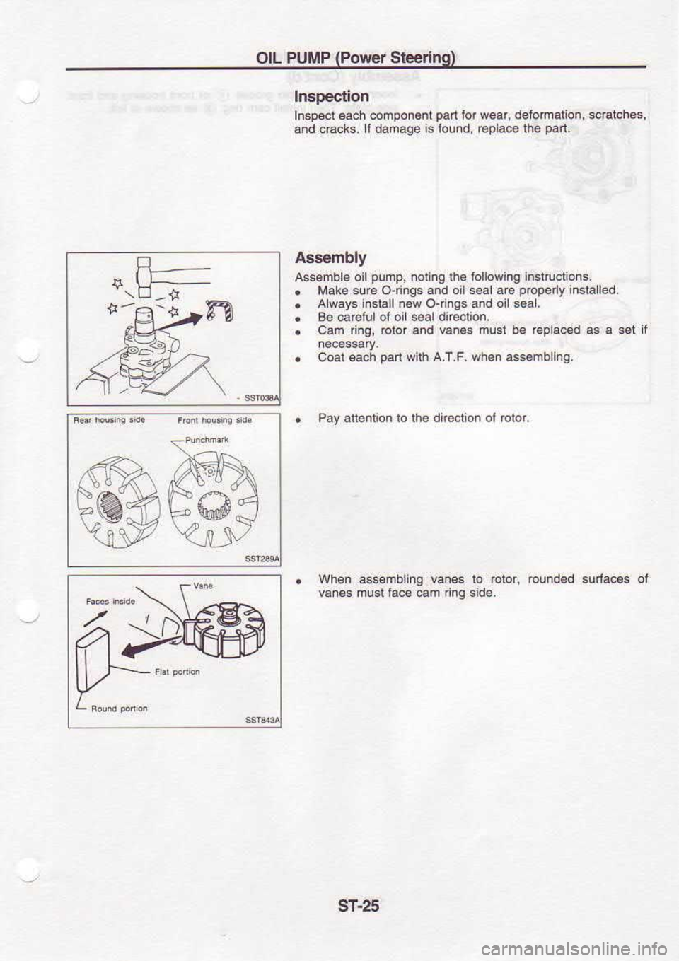 NISSAN SERENA 1993  Service Repair Manual OIL 
PUMP Pow€r 
Sieerin
Inspection
Inspecl  each @mpon.nl  parr 
for w€ar,  detomalion,  &Etche6.
and  cncks.ll  danage islound,  @pla@ the pad.
A$embly
A6sembl6  oil pump, 
noling lhslollowing  