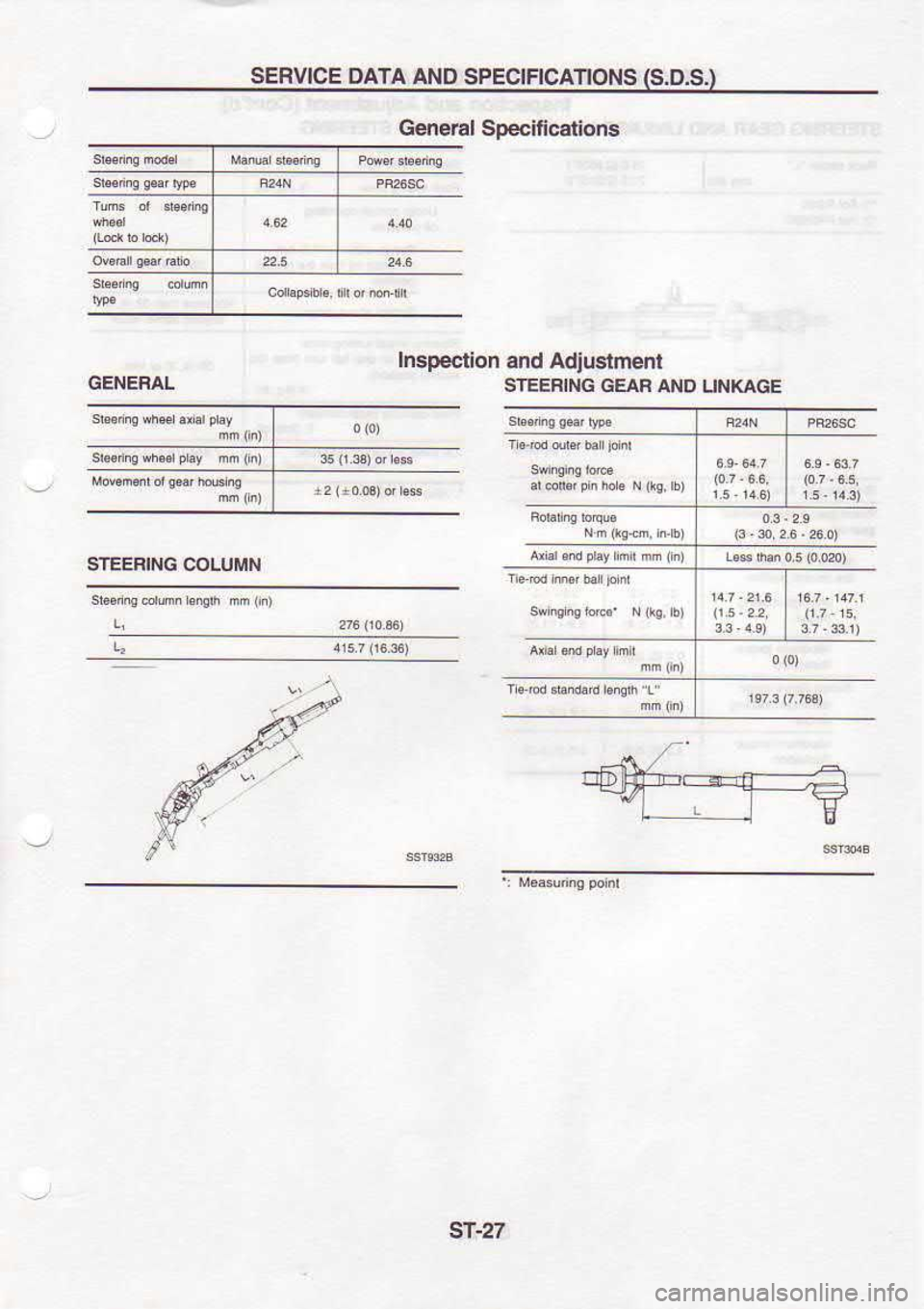 NISSAN SERENA 1993  Service Repair Manual SERV|CE 
DATA AND 
SPEC|FICAT|ONS  (S.D.S.)
GENERAL
STEEBING  COIUMN General 
Specificdtions
Inspection  and Adiusiment
STEEFING  GEAF AND UNKAGE
sf-27 