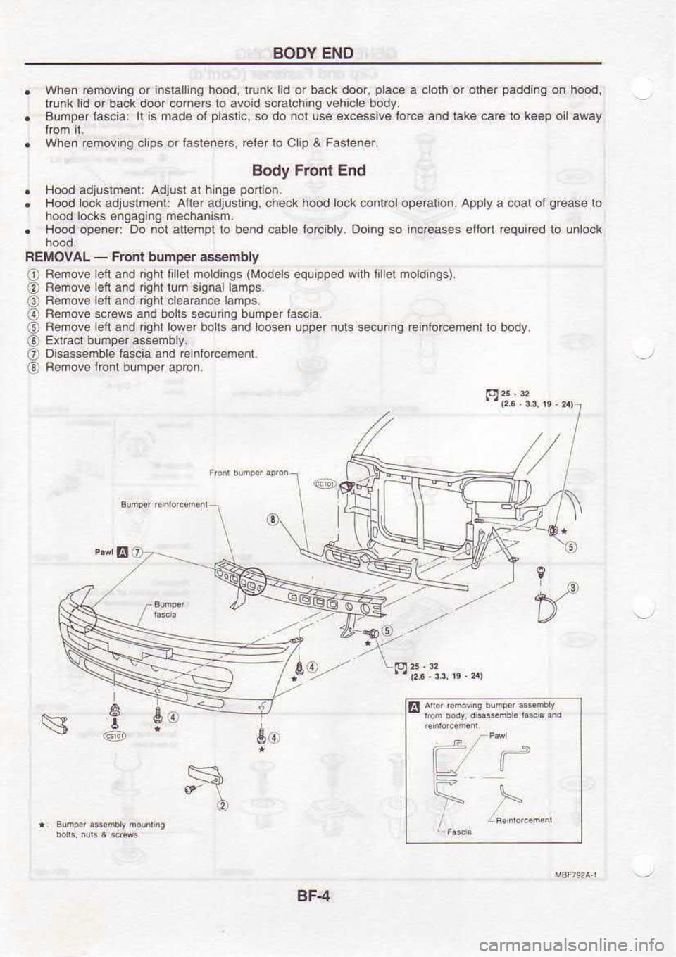 NISSAN SERENA 1993 Service Repair Manual BODY
END
Whe. emovinq or
insiallino hood, lrunk lid or back d@r,
da@ a
clorh or olher paddi.g
on hood,
irunk lid
or
back door
6h66 lo avoid *atching vehicle body.
Bumper lascia:
NISSAN SERENA 1993 Service Repair Manual BODY
END
Whe. emovinq or
insiallino hood, lrunk lid or back d@r,
da@ a
clorh or olher paddi.g
on hood,
irunk lid
or
back door
6h66 lo avoid *atching vehicle body.
Bumper lascia: