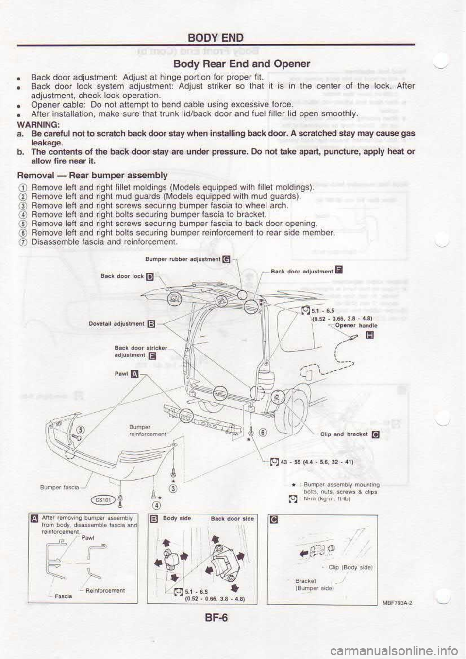 NISSAN SERENA 1993 Service Repair Manual BODY
END
Body Rear End and Opener
. BackdooradtustmBnt
Adjusl al hi.ge ponon
forproperlil.
. Back
door lo.k st€r6m adiuslment Adjusl slfker so ftat it is in lhe @nler ol the l@k.
Ai NISSAN SERENA 1993 Service Repair Manual BODY
END
Body Rear End and Opener
. BackdooradtustmBnt
Adjusl al hi.ge ponon
forproperlil.
. Back
door lo.k st€r6m adiuslment Adjusl slfker so ftat it is in lhe @nler ol the l@k.
Ai