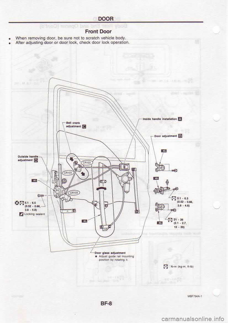 NISSAN SERENA 1993  Service Repair Manual DOOR
Front  Door
Wh.n  €moving  door, be sure  not lo s.ralch  vehi. 
e body.
Afi6radjusing  door o d@_  ock. che(r  doo ocr op6€ 
o-
\"*"*"udar  L{,
@" \$
ffil
Y7 Lfl";;i.,.
BF{ 