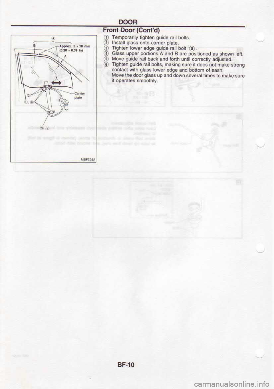 NISSAN SERENA 1993  Service Repair Manual DOOR
Frcnl  Door (Confd)
O  T€mpoEnly 
xghron gulde 
€ilbolts.
O  Inst.llOla$ 
onlo @mer  plai6.
(O  llohten  lorer edoe ouid.  E boh  6)
O  cla$ 
upper poni;d 
A .nd  B 
a€  ;siron.d  Es 
shom