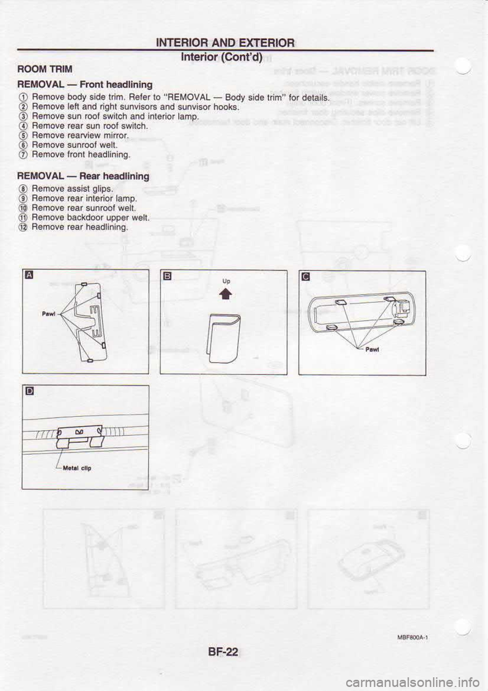 NISSAN SERENA 1993  Service Repair Manual I}ITERIOR 
AND EXTERIOR
lrne.ior  (Cont 
d)
FOOIr/tlBtM
FEMOVAL  - 
Front  h€adtinlng
O  Bemove 
body sid6r  m. B€ler 
to F€MOVAL 
Body side
O  R6mov. 
l€ft and  ghl 
sunvisoB  and sunvisor  