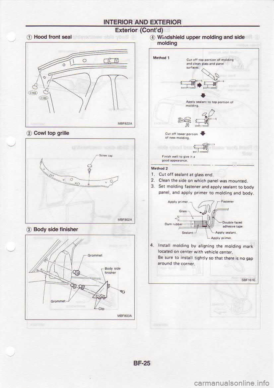NISSAN SERENA 1993  Service Repair Manual INTERIOR 
AND EXTERIOR
@  Cowltop 
g 
lle
O  Body 
alde lhieh€r Exhnor 
(Cont 
d)
@  wi,tshield 
upper rnolding  and slde
I
I
2.  c lan  theiide 
onsht.h 
tsne wsmounred
3.  s:r  mord  nq r.{enq 
an