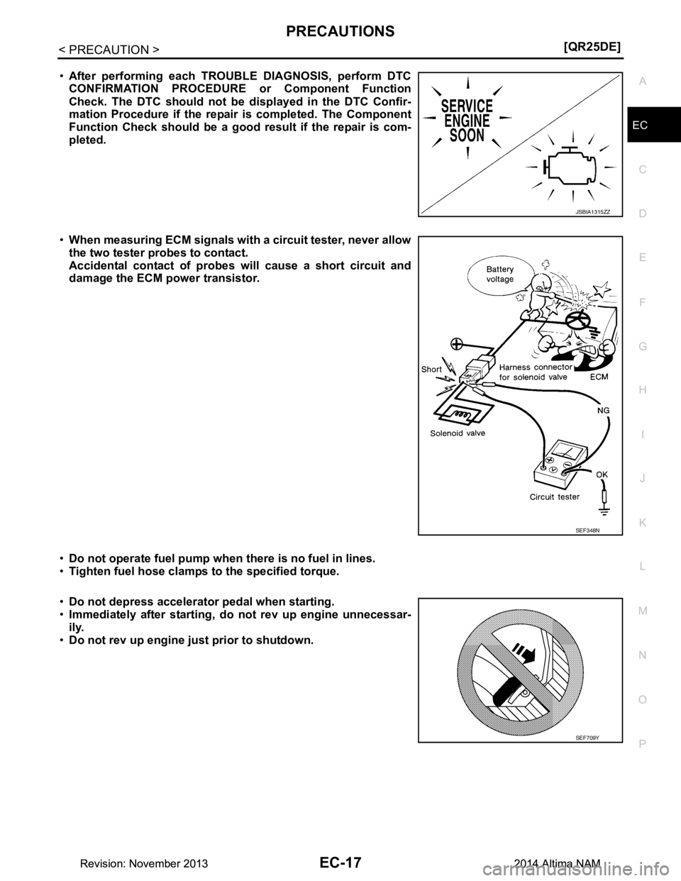 NISSAN TEANA 2014  Service Manual 
PRECAUTIONSEC-17
< PRECAUTION > [QR25DE]
C 
D E
F
G H
I
J
K L
M A
EC
NP
O
•
After performing each TROUBL E DIAGNOSIS, perform DTC
CONFIRMATION PROCEDURE  or Component Function
Check. The DTC should