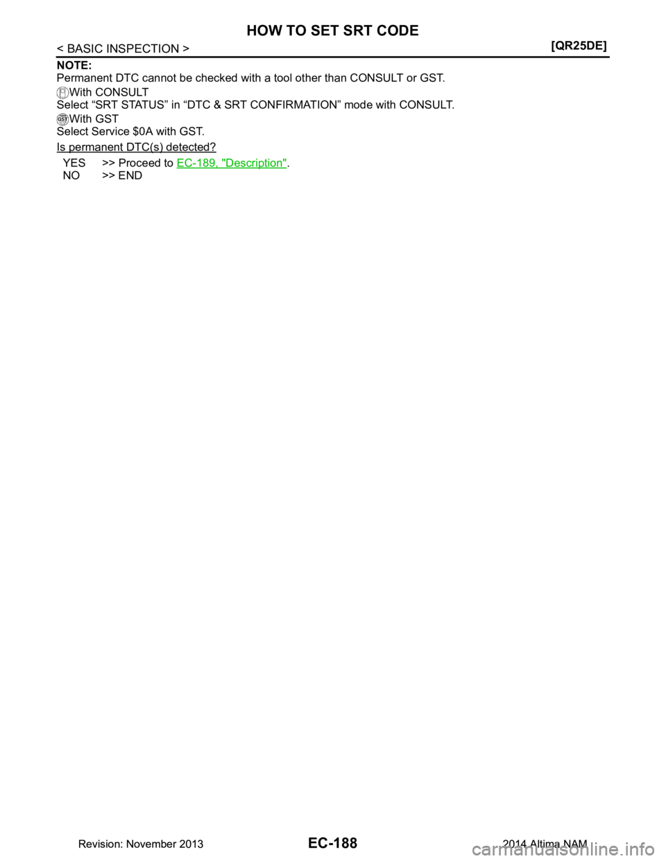 NISSAN TEANA 2014  Service Manual 
EC-188
< BASIC INSPECTION >[QR25DE]
HOW TO SET SRT CODE
NOTE: 
Permanent DTC cannot be checked with a  tool other than CONSULT or GST.
With CONSULT
Select “SRT STATUS” in “DTC & SRT CONFIRMATIO