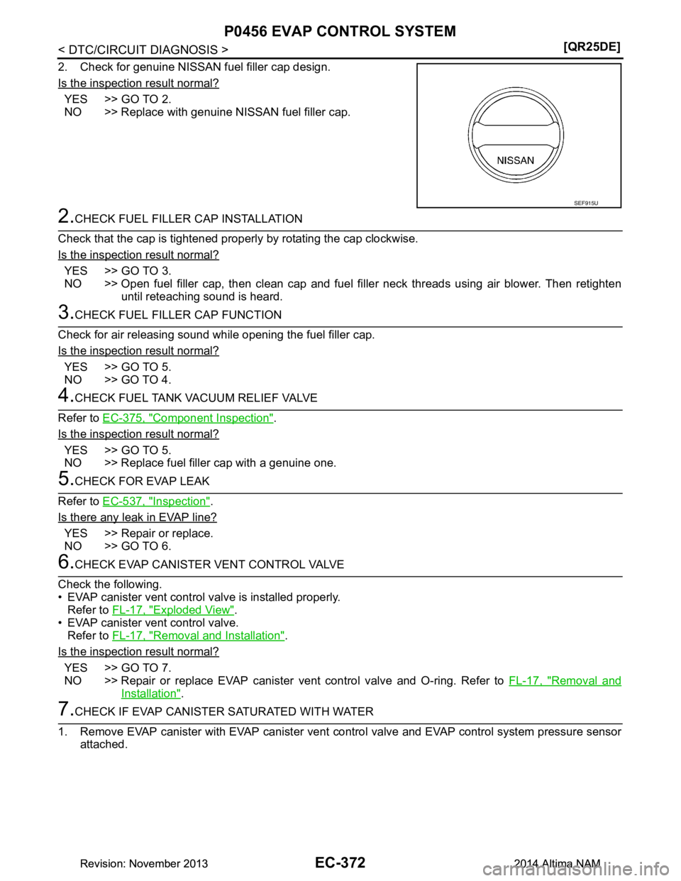 NISSAN TEANA 2014  Service Manual 
EC-372
< DTC/CIRCUIT DIAGNOSIS >[QR25DE]
P0456 EVAP CONTROL SYSTEM
2. Check for genuine NISSAN fuel filler cap design. 
Is the inspection result normal?
YES >> GO TO 2. 
NO >> Replace with genuine NI