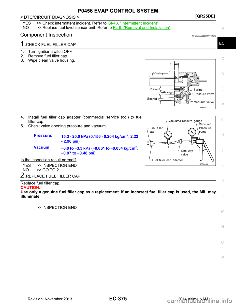 NISSAN TEANA 2014  Service Manual 
P0456 EVAP CONTROL SYSTEMEC-375
< DTC/CIRCUIT DIAGNOSIS > [QR25DE]
C 
D E
F
G H
I
J
K L
M A
EC
NP
O
YES >> Check intermittent incident. Refer to 
GI-43, "Intermittent Incident".
NO >> Replace fuel le