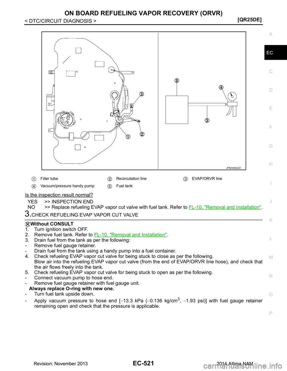 NISSAN TEANA 2014  Service Manual 
ON BOARD REFUELING VAPOR RECOVERY (ORVR)EC-521
< DTC/CIRCUIT DIAGNOSIS > [QR25DE]
C 
D E
F
G H
I
J
K L
M A
EC
NP
O
Is the inspection result normal?
YES >> INSPECTION END 
NO >> Replace refueling EVAP